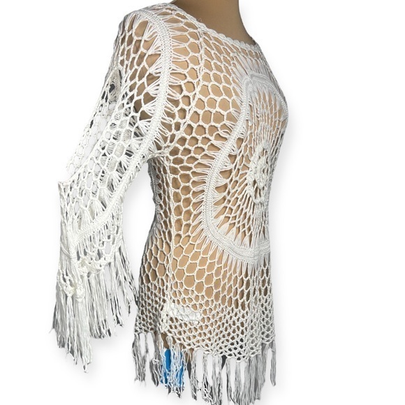 CUPSHE White Crochet swim cover up boho Tassel Three Quarter Sleeve size S - Picture 2 of 9